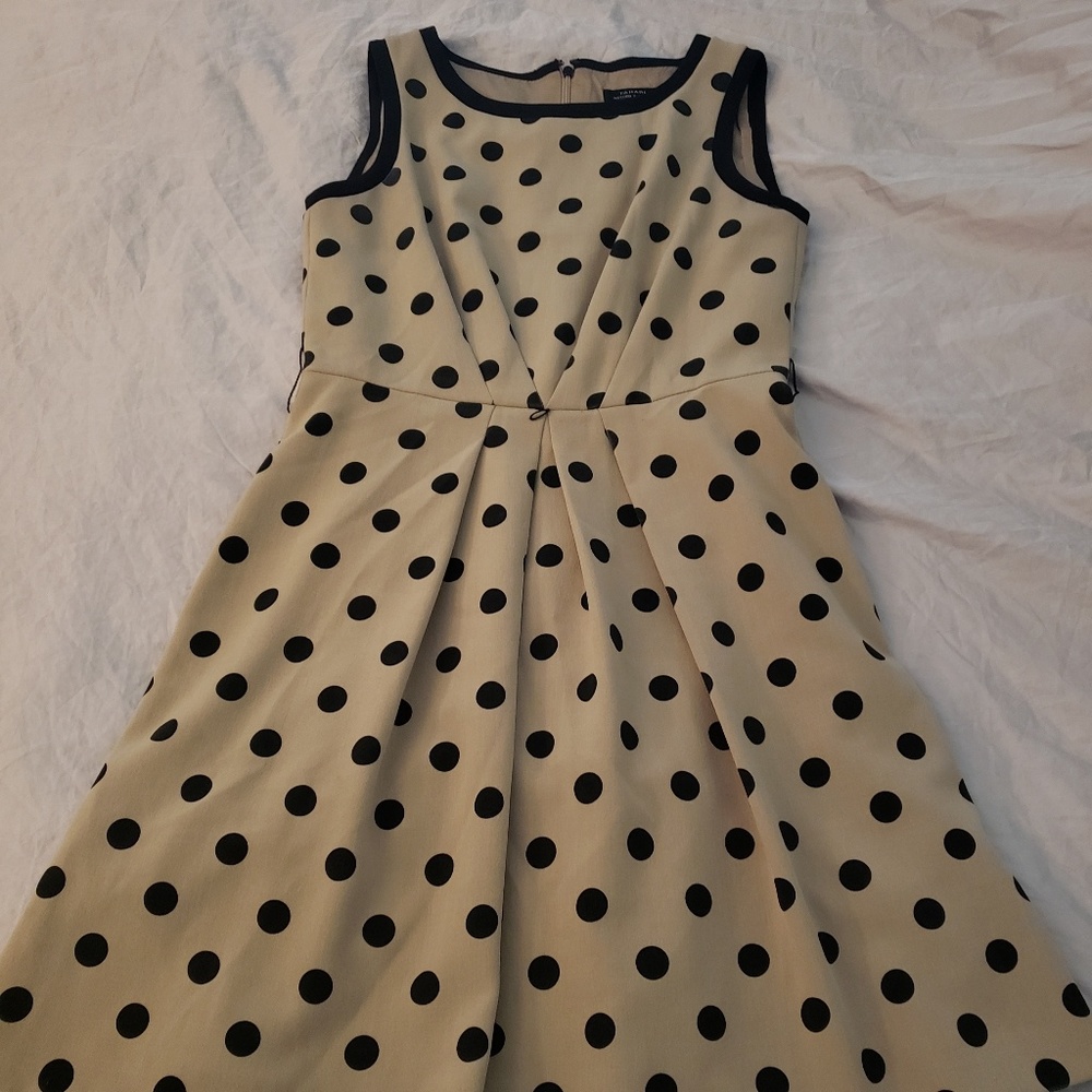 Polka dot cream and black dress, a-line and pleat